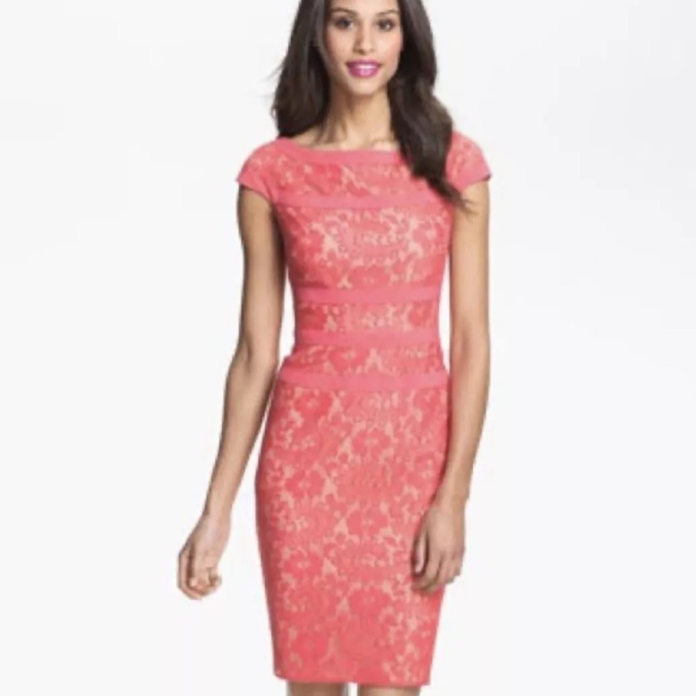 Adrianna Papell Dress Coral Orange 8 Tan Stretch Sheath Career Church Party